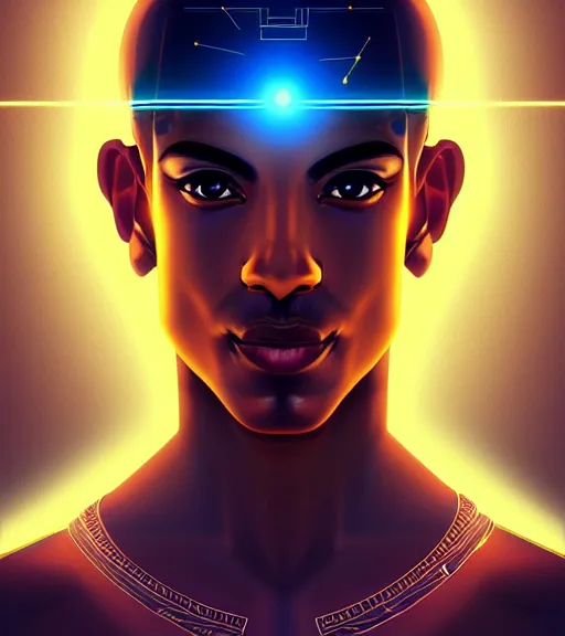 Image similar to symmetry!! egyptian god of technology, solid cube of light, hard edges, product render retro - futuristic poster scifi, lasers and neon circuits, brown skin handsome egyptian god, intricate, elegant, highly detailed, digital painting, artstation, concept art, smooth, sharp focus, illustration, dreamlike, art by artgerm