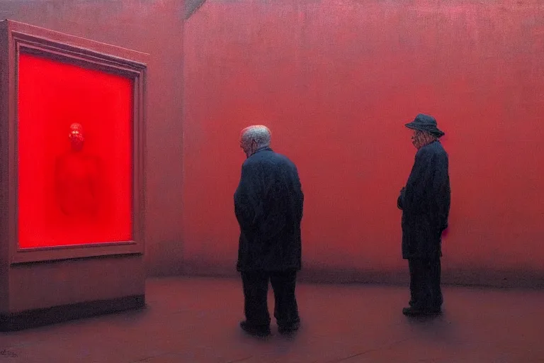 Image similar to only with red, a red old man try to sell a portrait, a crowd cheering, in a city square, in the style of beksinski, parts by edward hopper, parts by rodcenko, parts by yue minjun, intricate and epic composition, red by caravaggio, insanely quality, highly detailed, masterpiece, red light, artstation, 4 k