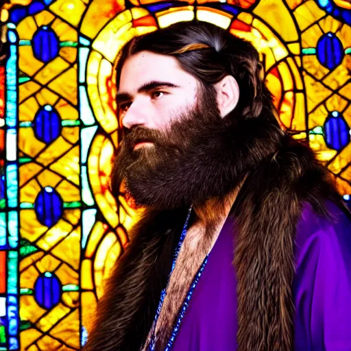 Prompt: detailed side - view portrait of a king, long hair and full beard, golden rope headband, furry coat, gothic stained glass window, purple background, very masterful, backlit