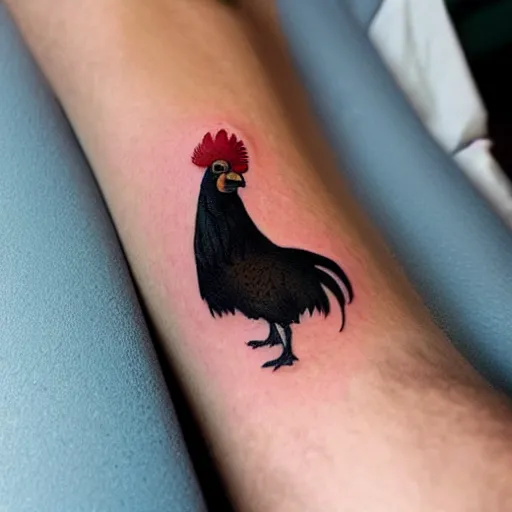 Image similar to A small tattoo of a black rooster. The black chicken is holding smoking a large cannabis blunt in its mouth