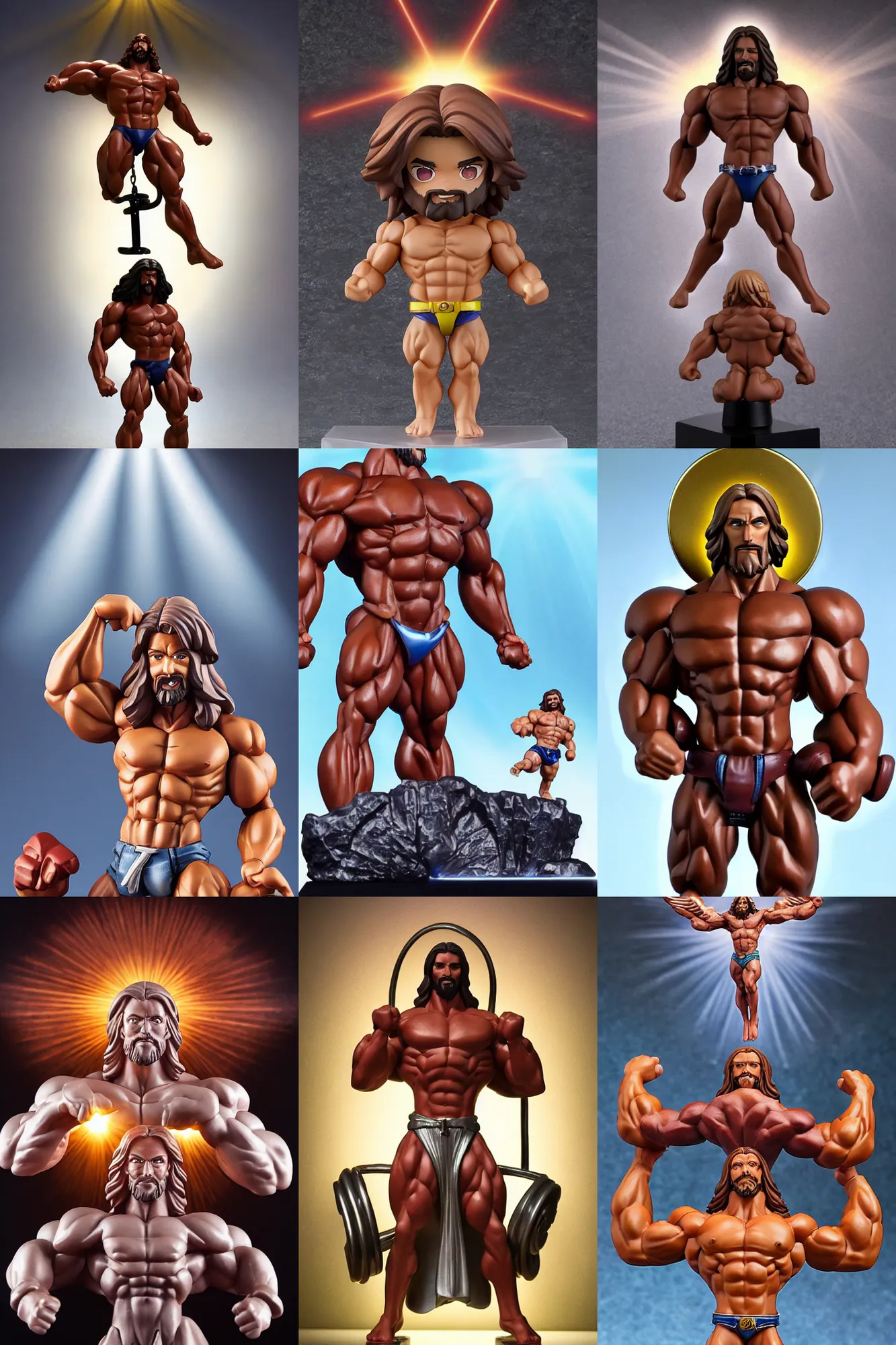 Prompt: jesus as a bodybuilder by greg hildebrandt, halo above head, dramatic lighting, an anime nendoroid, figurine, detailed product photo