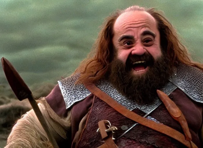 Image similar to film still of danny devito as gimli in lord of the rings movie, 8 k