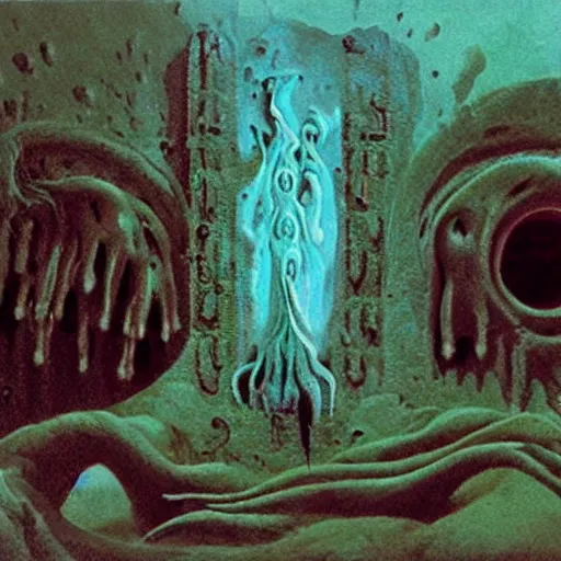 Image similar to lovecraftian horrors human sacrifice 5MeO roger deakins cinematography painting by Roger Dean