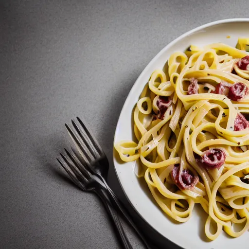 Prompt: Food photography of perfectly-made carbonara pasta, Nikon 25mm