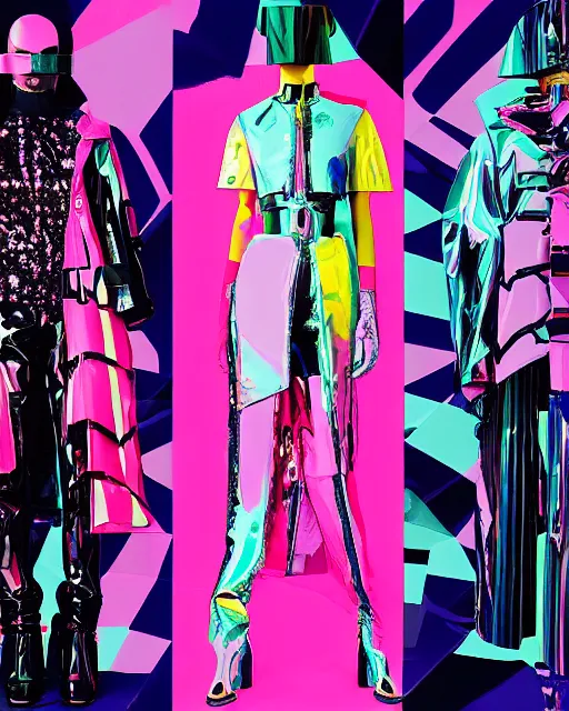 Prompt: a leaked screenshot of Balenciaga's fall 2049 collection, prismatic, dazzle camouflage!, dayglo pink, dayglo blue, Bladerunner, cyberpunk