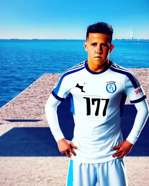 Prompt: portrait Anime Alexis Sanchez; white football shirt, Marseille beach in background || anime, manga cute-fine-face, pretty face, realistic shaded Perfect face, fine details. Anime. realistic shaded lighting by Katsuhiro Otomo