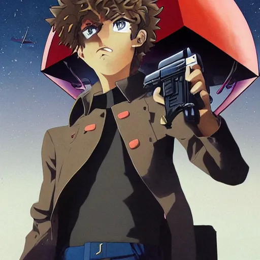 Prompt: , hyperrealistic spike from anime cowboy bebop holding two handguns looking into the distance of space, spike in on top of his red spaceship and he is looking over a dystopian cyber city on Mars art, physically accurate, dynamic lighting, intricate, elegant, highly detailed, very very Roberto Ferri, sharp focus, very very unsettling, very terrifying, illustration, wideshot,