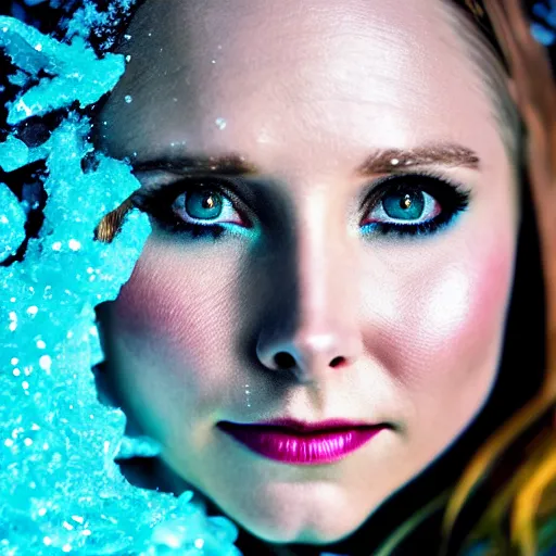 Prompt: Kristen Bell as a mermaid covered in snow, grungy, unkept hair, glowing eyes, winter, modelsociety, radiant skin, huge anime eyes, RTX on, bright on black, dramatic, studio lighting, perfect face, intricate, Sony a7R IV, symmetric balance, polarizing filter, Photolab, Lightroom, 4K, Dolby Vision, Photography Award