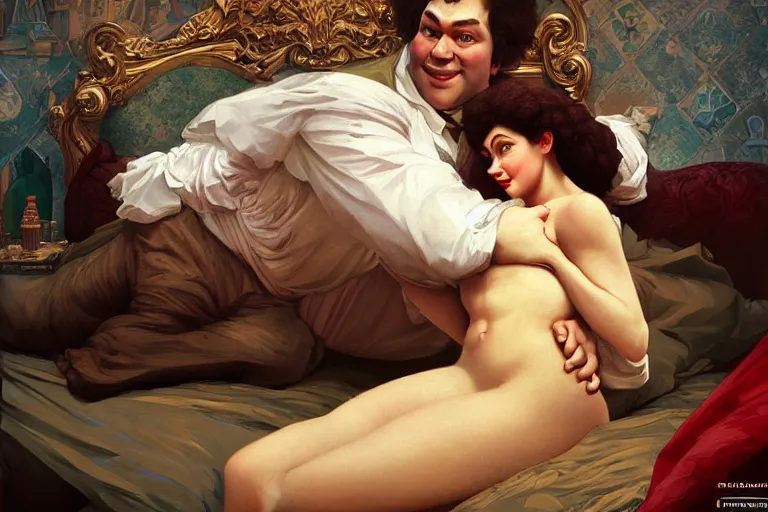 Image similar to russian poet alexander pushkin and shrek together in bed, portrait, highly detailed, digital painting, artstation, concept art, smooth, sharp focus, illustration, cinematic lighting, art by artgerm and greg rutkowski and alphonse mucha