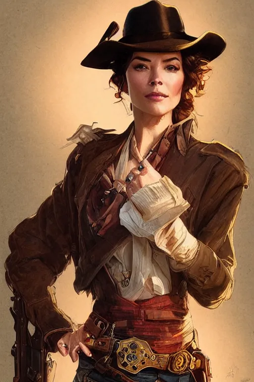 Image similar to portrait of parker posey, western, gunslinger, duster, fantasy, intricate, elegant, highly detailed, digital painting, artstation, concept art, sharp focus, illustration, art by artgerm and greg rutkowski and alphonse mucha