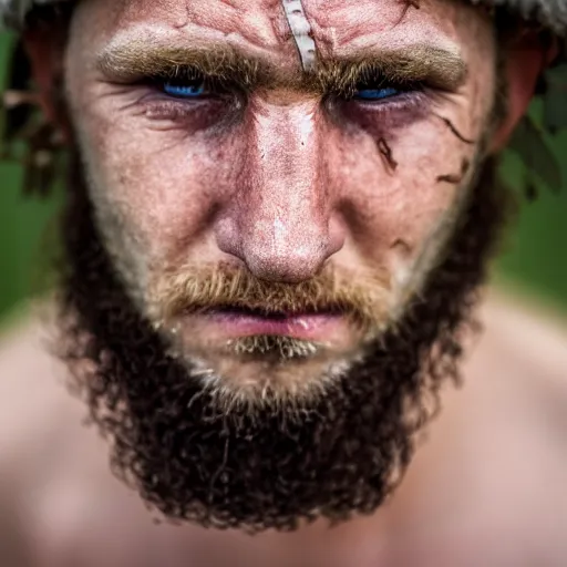 Image similar to minimalist photography portrait of a germanic pagan man, sad, tear, early middle ages, super close up, mid thirties, cute round slanted eyes, caucasian, wide nostrils, high cheekbones, full cheeks, leica 1 0 0 mm f 0. 8