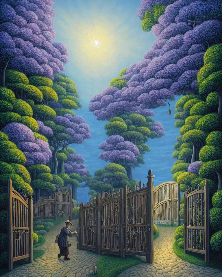 Image similar to hd painting of a dark garden, wooden gates, particles of magic by rob gonsalves, trending on artstation