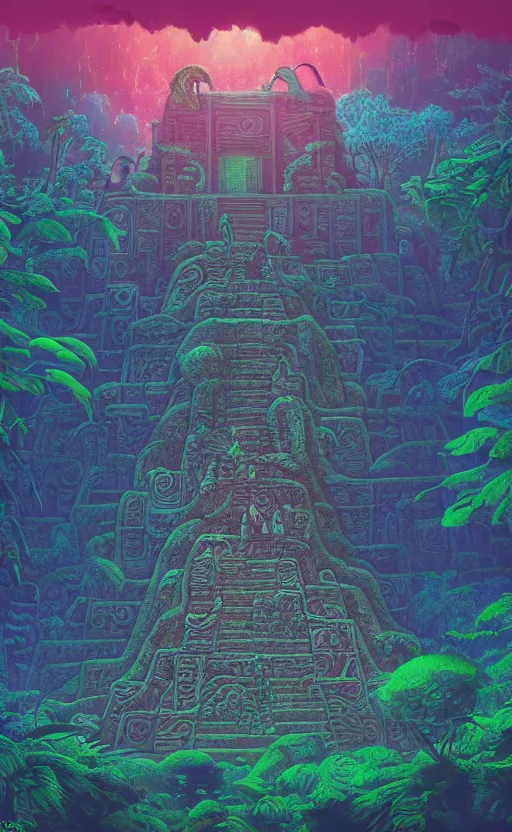 Image similar to a mayan temple, microscopic tardigrade, microbiology, magical forest, ruins, civilization, vegetation, futuristic, sharp focus, electric swirls, backlight, risograph, intricate details, disney pixar, james gilleard, moebius, print, iridescent, global illumination, anime, game art