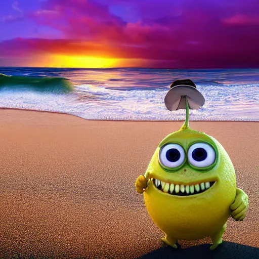 Image similar to 3 d render, of anthropomorphic lemon character that looks like a monster from the movie وmonsters inc, with lemon skin texture, he is wearing a hat, building a sandcastle on the beach at sunset, beach, huge waves, sun, clouds, long violet and green trees, rim light, cinematic photography, professional, sand, sandcastle, volumetric lightening