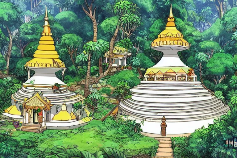 Image similar to sri lankan white stupa hidden in the jungle village, drawn by hayao miyazaki