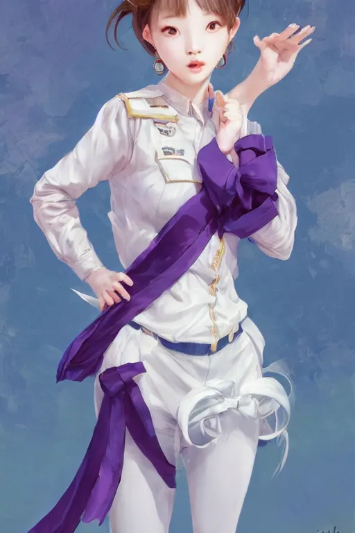 Image similar to Full View of Eunha from Viviz and gFriend making a cute face with short hair wearing a purple military uniform and short puffy pants, white leggings, Golden Ribbon, and a billowy scarf. Rhythmic gymnastics poses. masterpiece 4k digital illustration by Ruan Jia and Mandy Jurgens and Artgerm and greg rutkowski, award winning, Artstation, art nouveau aesthetic, Alphonse Mucha background, intricate details, realistic, panoramic view, Hyperdetailed, 8k resolution, intricate art nouveau