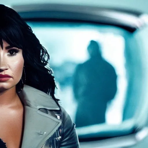 Image similar to close-up of Demi Lovato as a detective in a movie directed by Christopher Nolan, movie still frame, promotional image, imax 70 mm footage