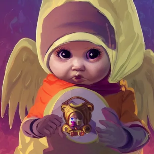 Image similar to baby Angel, baby cherub,wearing angel, face covered, Gucci, halo, ski mask, balaclava, face covered, wearing angel halo covered face, orange hoodie, hip hop, multiple golden necklaces, fantasy art apex fortnite Video game icon, 2d game art gta5 cover , official fanart behance hd artstation by Jesper Ejsing, by RHADS, Makoto Shinkai and Lois van baarle, ilya kuvshinov, rossdraws