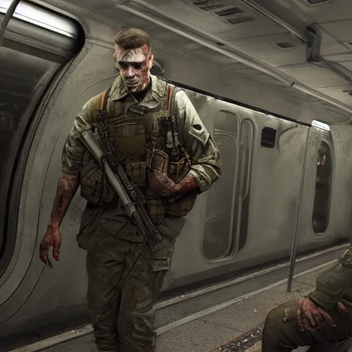 Prompt: an modern soldier in a new york subway in a zombie apocalypse, au naturel, hyper detailed, digital art, trending in artstation, cinematic lighting, studio quality, smooth render, unreal engine 5 rendered, octane rendered, art style by klimt and nixeu and ian sprigger and wlop and krenz cushart