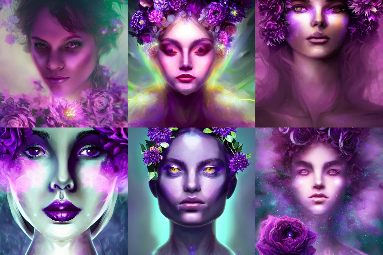 Prompt: closeup portrait of an ethereal person made of purple light, divine, cyberspace, mysterious, surrounded by flowers, roses, dahlias, dark high-contrast concept art, male, trending on Artstation