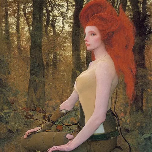 Image similar to beautiful female elf with auburn hair in a feminine spacesuit, aloof in the forest at dusk, by Edgar Maxence and Ross Tran and Michael Whelan and Gustav Klimpt