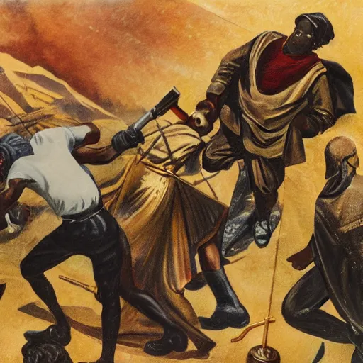 Image similar to black person with golden mace in hands fighting lenin in mountains, photorealistic