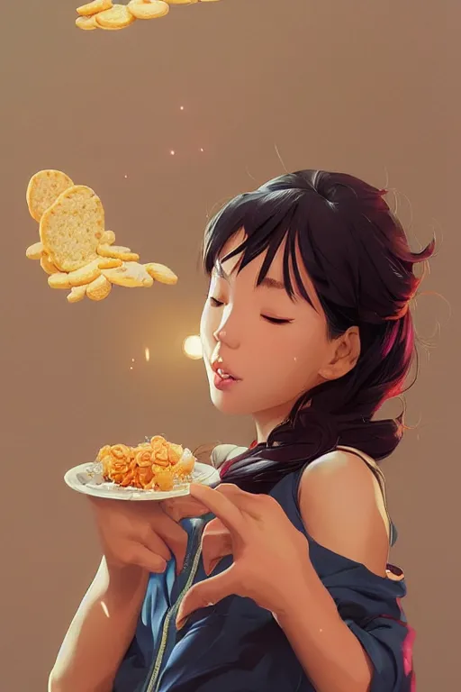 Image similar to asian girl eating a ritz cracker by artgerm, tooth wu, dan mumford, beeple, wlop, rossdraws, james jean, marc simonetti, artstation giuseppe dangelico pino and michael garmash and rob rey and greg manchess and huang guangjian and makoto shinkai