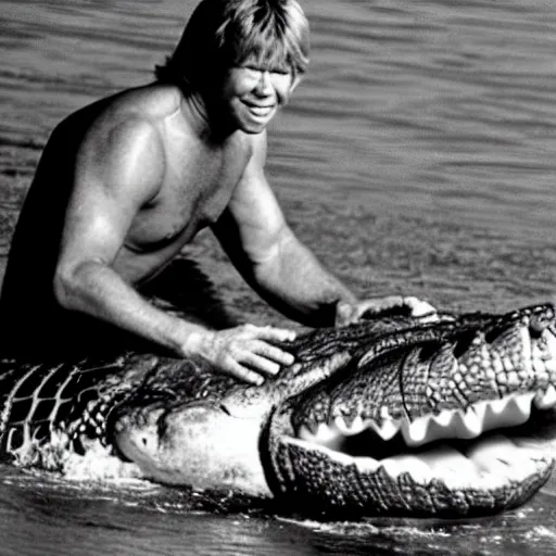 Prompt: shirtless steve irwin inside the mouth of a crocodile doing the splits