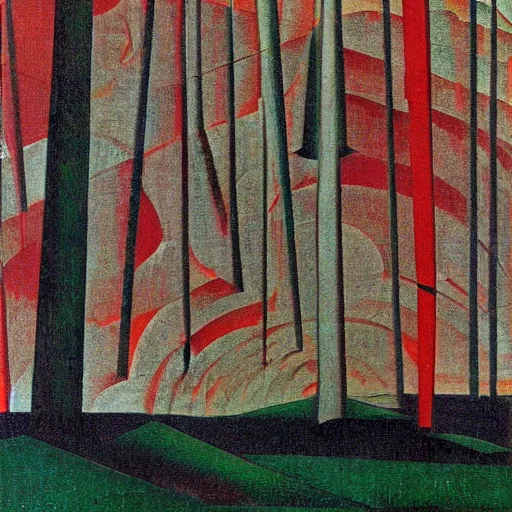 Image similar to an futuristic buidling in a dark forest by kazimir malevich