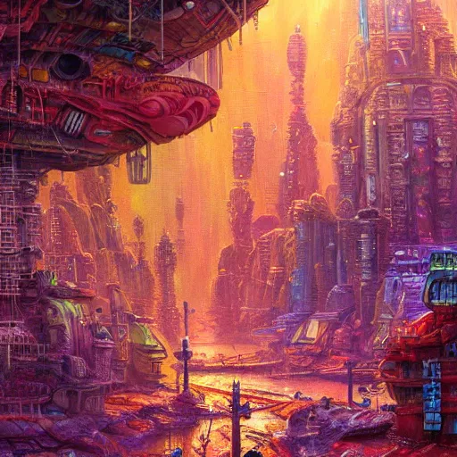 Prompt: dense alien city on ancient post - apocalyptic planet, jim henson creature shop, vivid and colorful, thomas kincaid, cinematic, oil painting, highly detailed, illustration