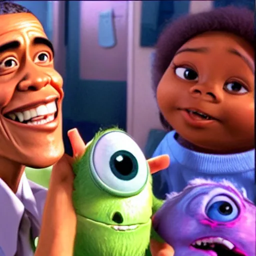 Prompt: Obama as a monster in the movie Monsters Inc::a kid is standing next to him::Happy and laughing