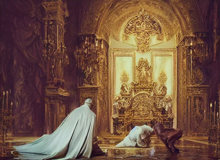 Image similar to kneeling before the pope, royal robe, gold trim, light effect, hyper detailed, intricate, atmospheric, elegant, photorealistic by paul lehr, marco mazzoni, featured on cgsociety, rococo, whimsical, artstation