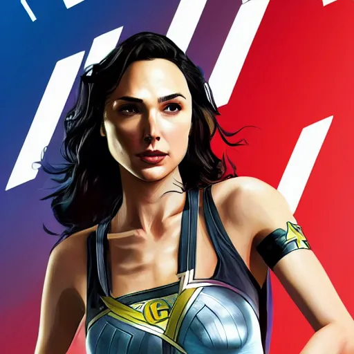 Image similar to gal gadot in gta v loading screen, cover art by stephen bliss, artstation, no text