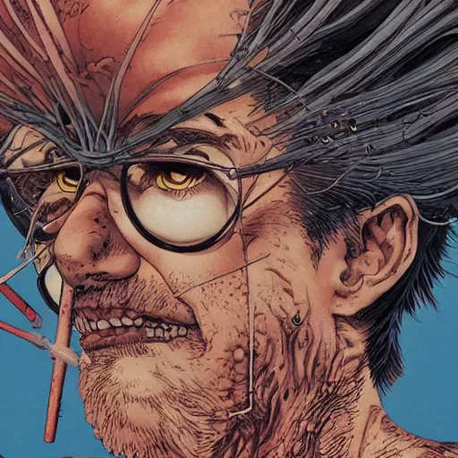 Prompt: closeup of mad scientist, by yoichi hatakenaka, masamune shirow, josan gonzales and dan mumford, ayami kojima, takato yamamoto, barclay shaw, karol bak