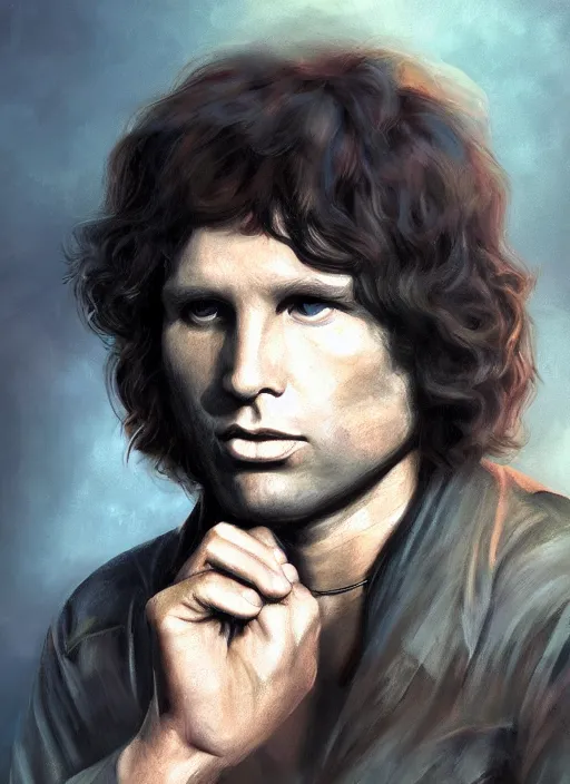 Image similar to jim morrison in real life, face centered portrait of jim morrison, confident, fog, rain, volumetric lighting, beautiful, golden hour, sharp focus, ultra detailed, cgsociety by leesha hannigan, ross tran, thierry doizon, kai carpenter, ignacio fernandez rios, noir art house, 4 k, 3 5 mm, fujifilm