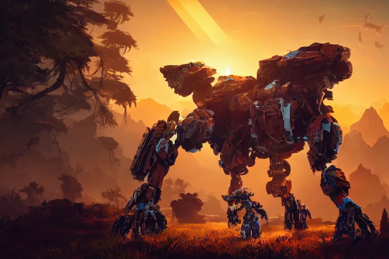 Image similar to scrapper machine mecanical creature robot of horizon forbidden west horizon zero dawn radiating a glowing aura global illumination ray tracing hdr fanart arstation by ian pesty and alena aenami artworks in 4 k