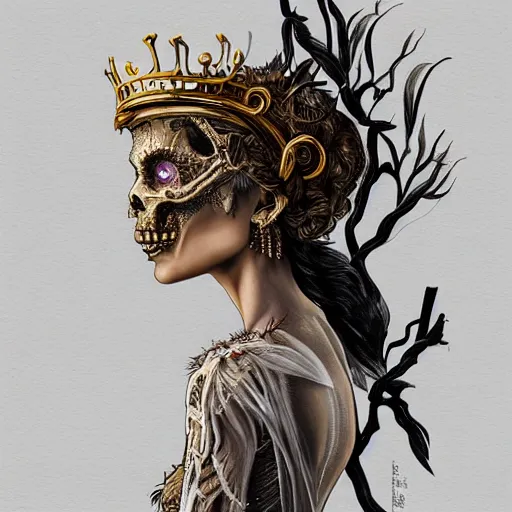 Prompt: an ominous haze, full-lenght woman with a golden skull instead of a head and a large crown shaped like the wings of a crow, she wears clothes made of bones and thorny branches through which smoke and flames go, intricate, elegant, highly detailed, digital painting, artstation, concept art, smooth, sharp focus, illustration, art by artgerm and greg rutkowski and alphonse mucha