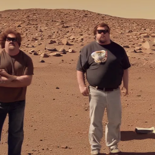 Prompt: The Trailer Park Boys on Mars, found footage, film grain