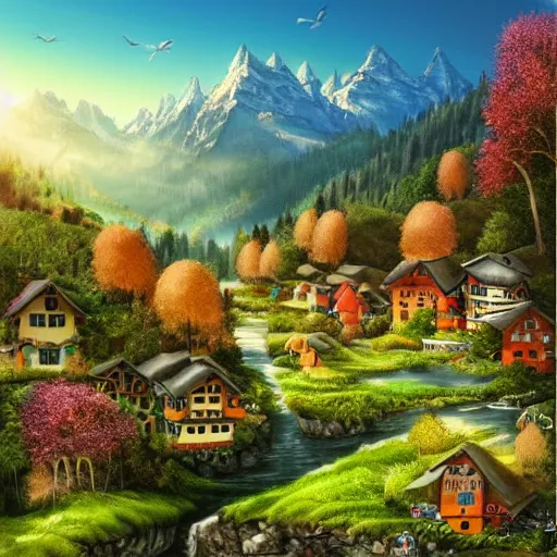 Prompt: a beautiful photorealistic picture of a Swiss valley from a fantasy world, inside which are beautiful caramel and marshmallow houses, mushrooms grow, fictitious birds fly, everything is permeated with a special radiance and beauty, magnificent trees and mighty mountains grow in the background