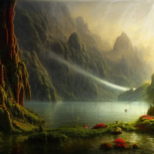 Prompt: a beautiful and highly detailed matte painting of the lost land by a beautiful lake, thick mist, sunlight, celtic, psychedelic, epic scale, insanely complex, hyperdetailed, sharp focus, hyperrealism, artstation, cgsociety, 8 k, bright colors, by caspar friedrich, albert bierstadt, james gurney, brian froud,