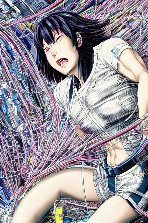 Image similar to hyper coherent motoko kusanagi kneeling on a white in style of masamune shirow, empty floor, with a mess of wires and cables coming out of her head and backside, by Yukito Kishiro and katsuhiro otomo, illustration, cyberpunk, hyper-detailed, colorful, complex, intricate, masterpiece, epic