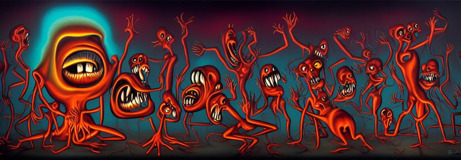 Image similar to visceral freaky monsters from the darkest depths of collective unconscious, dramatic glowing lighting, 1 9 3 0 s fleischer cartoon characters, wild emotional expressions - surreal painting by ronny khalil