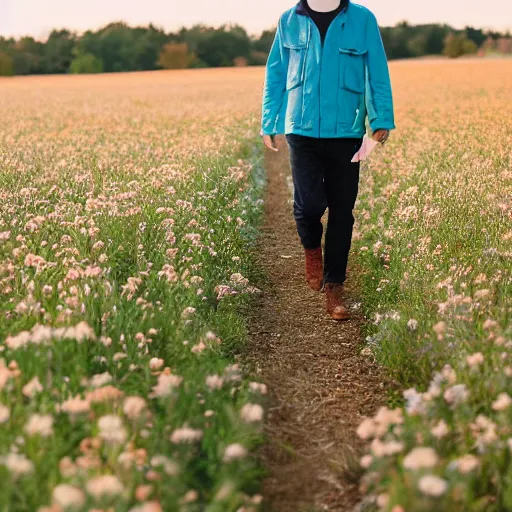 Image similar to steven bonnell ii in a blue jacket walking in a field, portrait photography, sony a 7 siii