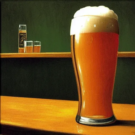 Prompt: A pint of beer sitting on a bar, Johfra Bosschart