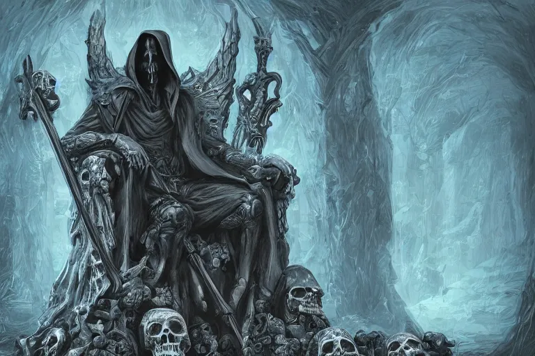 Image similar to Grim reaper sitting on a throne made of skulls, wide shot, digital art, fantasy, concept art, highly detailed, dark colors, blue tint,