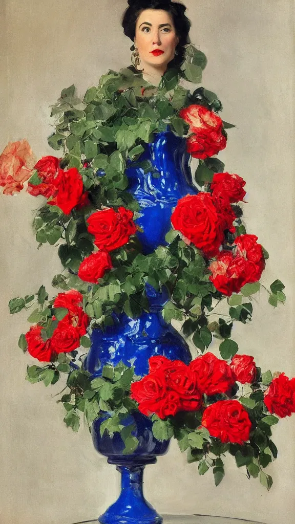 Image similar to portrait of rebekah delrio in lynch pattern, big persian detailed pot of red roses, blue and red lights painted by john singer sargent