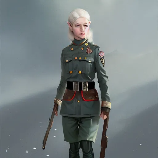 Image similar to full body portrait of an female elf wearing nazi uniform, an ultrafine hyperdetailed illustration by tooth wu and wlop and beeple and greg rutkowski, trending on artstation, highly detailed, 4 k, 8 k