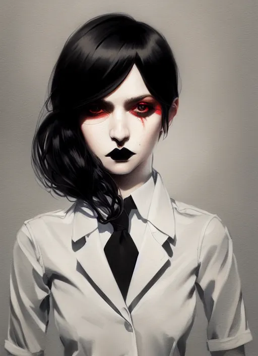 Image similar to ultradetailed beautiful panting of a stylish goth woman wearing a shirt with a tie, she has black hair, distressed, by ilya kuvshinov, greg rutkowski, ashley wood, on artstation