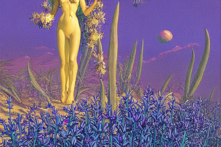 Prompt: evangelionic illustration, a lot of exotic deep blue vegetation, tall thin lavender trees, tremendous bounty, gold iridescent flowers, oldschool vintage sci - fi flat surreal design, super - detailed, digital oil painting by moebius, hd, 4 k, high quality