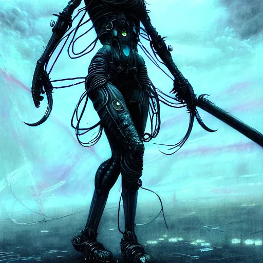 Prompt: a highly detailed long shot photo of cyberpunk female character by ayami kojima, elf, beksinski, giger, elf, wielding scythe, intricate, digital painting, artstation, concept art, smooth, sharp focus